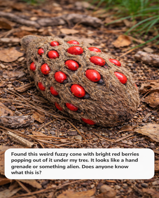 Mystery Object in the Yard: A Fuzzy Cone with Bright Red Berries